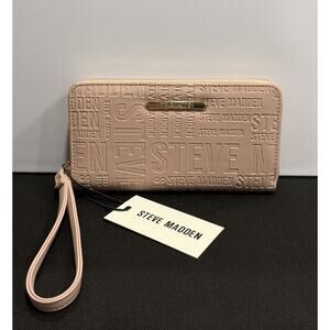 Steve Madden Large Zip Around Wallet Embossed Logo Vegan Wristlet Blush Pink New